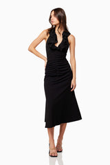 Zaina Plunge Midi Dress in Black