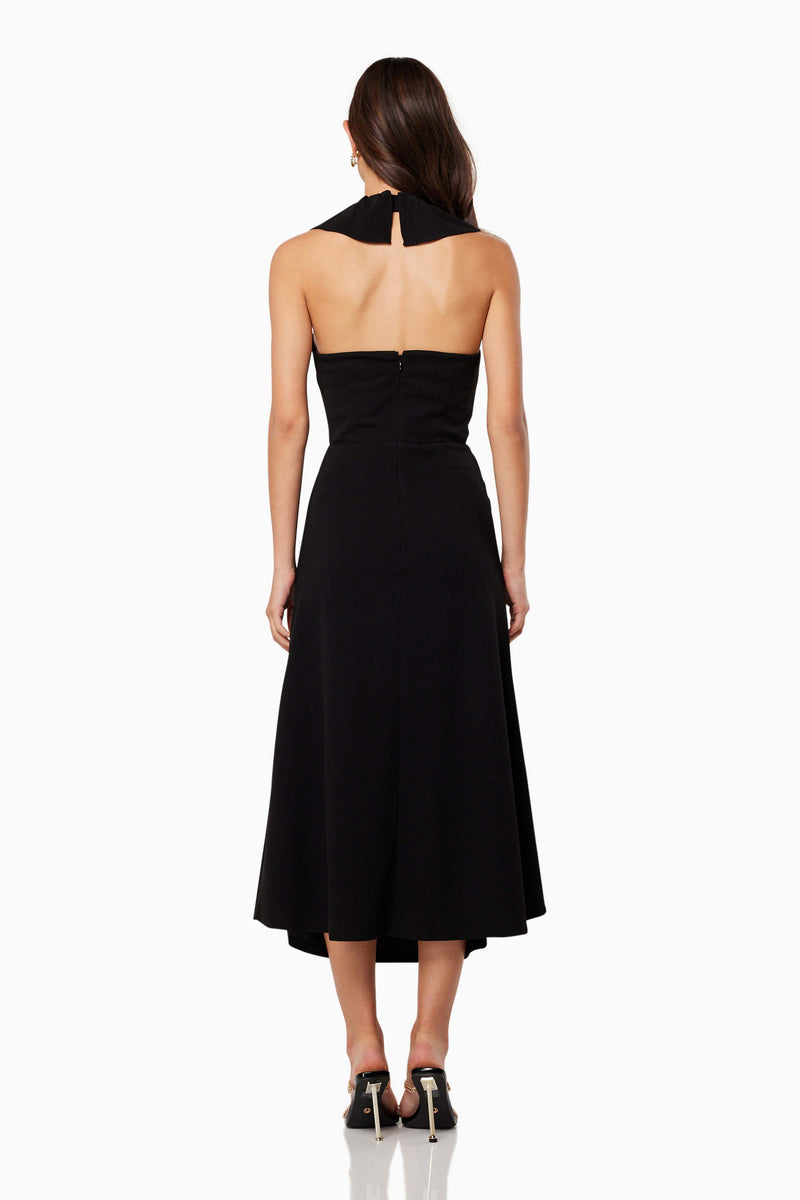 Zaina Plunge Midi Dress in Black