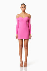 Brunette model wearing Janelle Long Sleeve Mini Dress In Pink front shot