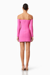 Brunette model wearing Janelle Long Sleeve Mini Dress In Pink back shot