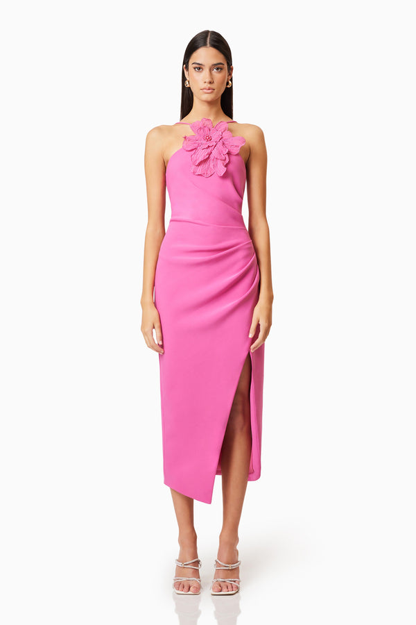 Brunette model wearing Janelle 3D Midi Dress In Pink front shot