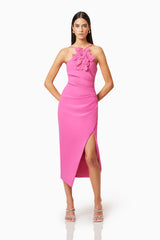 Brunette model wearing Janelle 3D Midi Dress In Pink posed shot