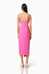 Brunette model wearing Janelle 3D Midi Dress In Pink back shot