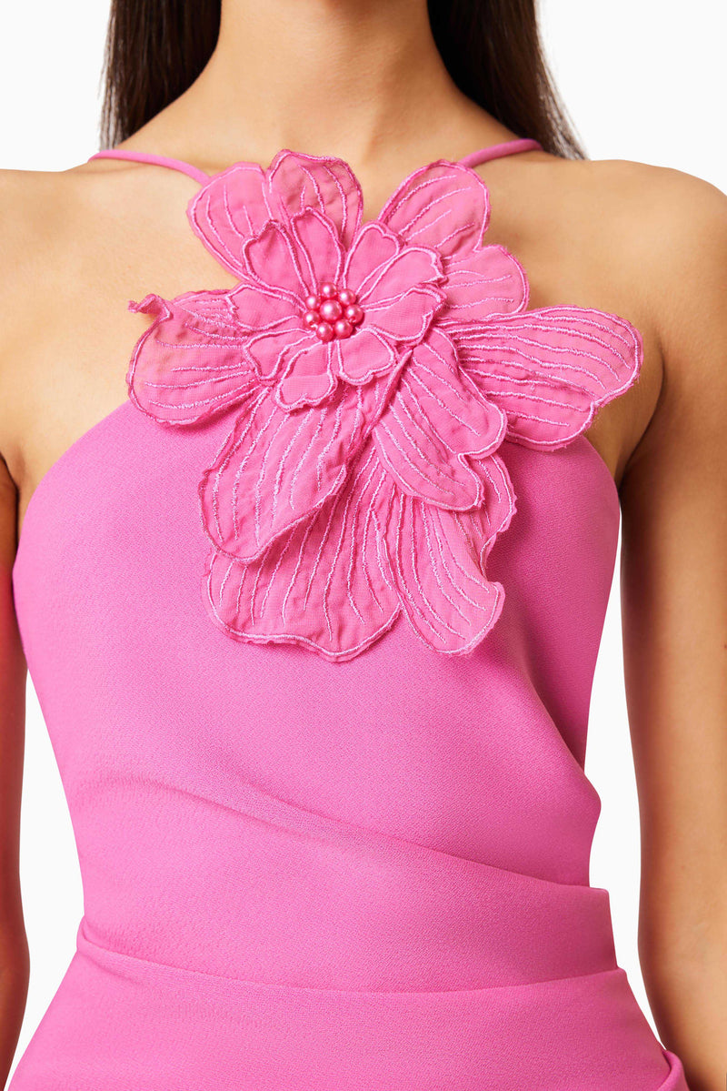 Brunette model wearing Janelle 3D Midi Dress In Pink detail shot