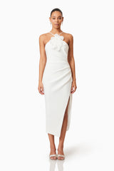 Brunette model wearing Janelle 3D Midi Dress In White front shot