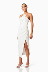 Brunette model wearing Janelle 3D Midi Dress In White posed shot