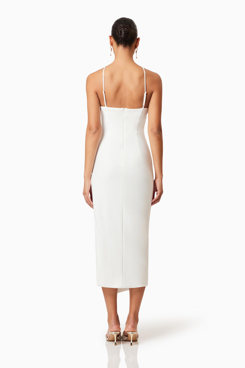 Brunette model wearing Janelle 3D Midi Dress In White back shot