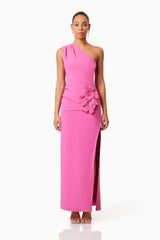 Brunette model wearing Janelle One Shoulder Gown In Pink front shot