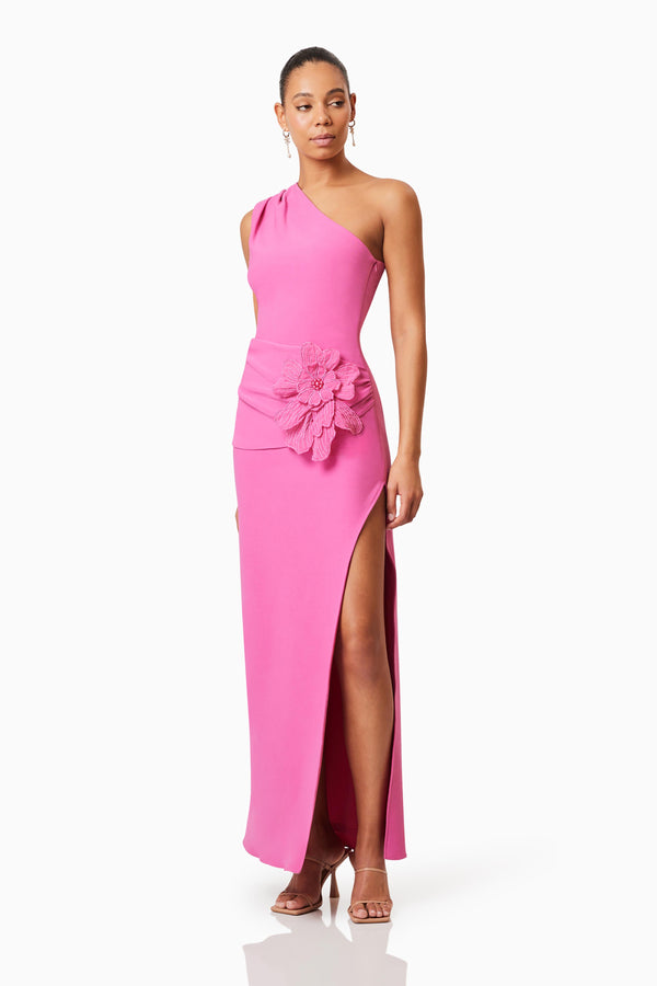 Brunette model wearing Janelle One Shoulder Gown In Pink side shot