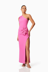 Brunette model wearing Janelle One Shoulder Gown In Pink posed shot