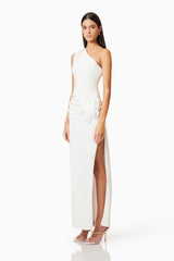 Brunette model wearing Janelle One Shoulder Gown In White side shot