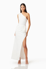 Brunette model wearing Janelle One Shoulder Gown In White posed shot