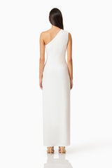 Brunette model wearing Janelle One Shoulder Gown In White back shot