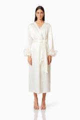 Brunette model wearing Katalina Robe in White front shot