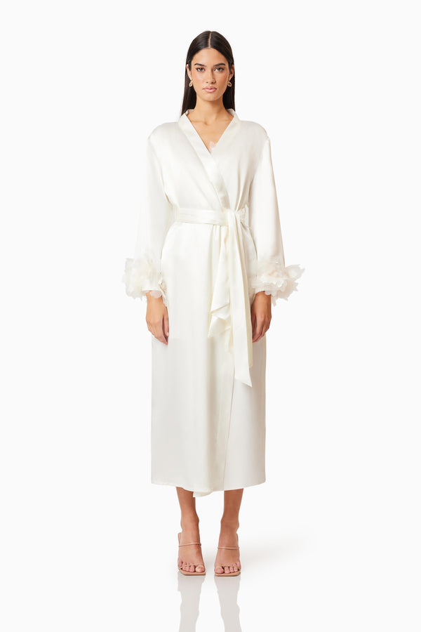 Brunette model wearing Katalina Robe in White front shot