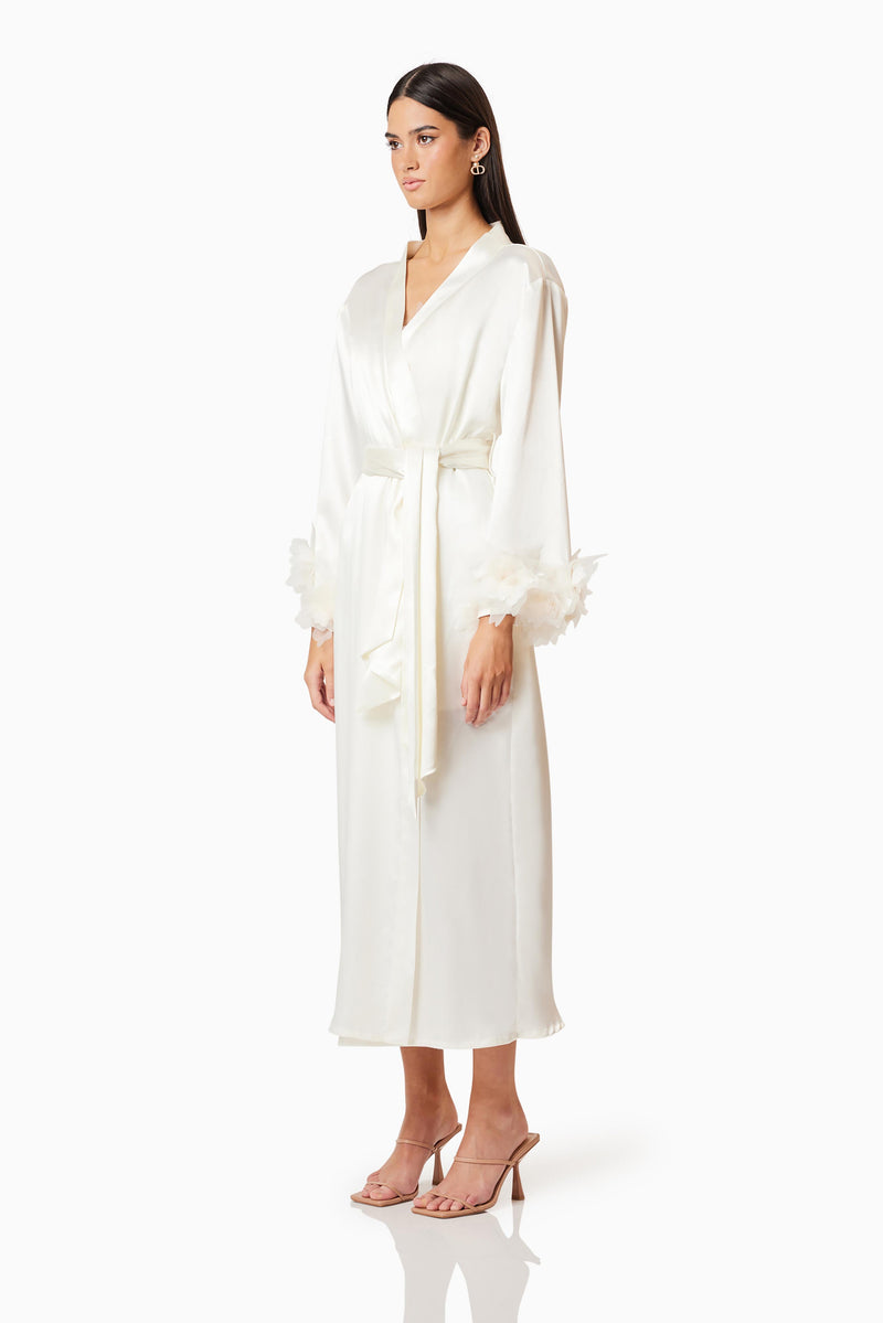 Brunette model wearing Katalina Robe in White side shot