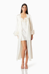 Brunette model wearing Katalina Robe in White posed shot