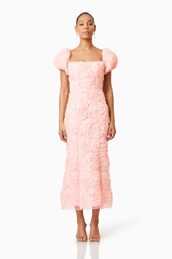 Brunette model wearing Rosella 3D Midi Dress in Pink front shot