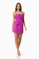 Brunette model wearing Sutton Mini Dress in Purple front shot