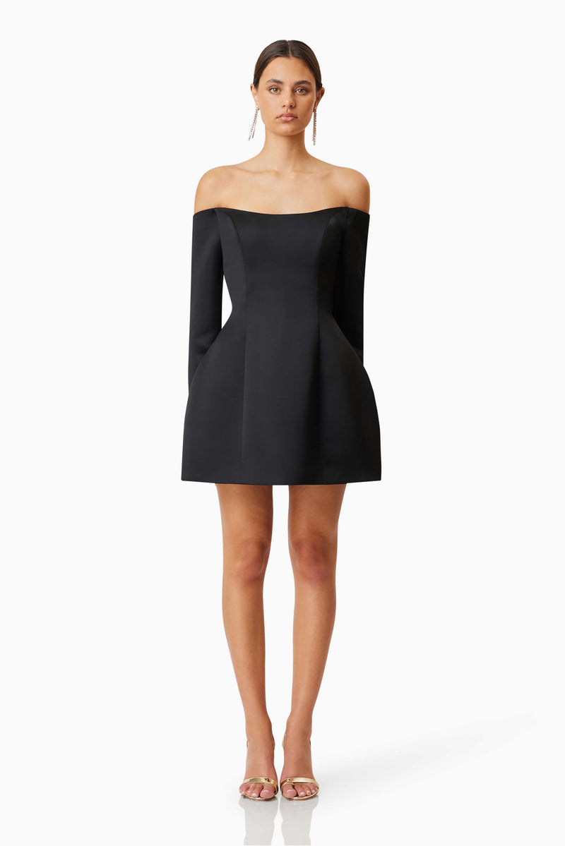 model wearing Vida Off The Shoulder Day Mini Dress In Black front shot