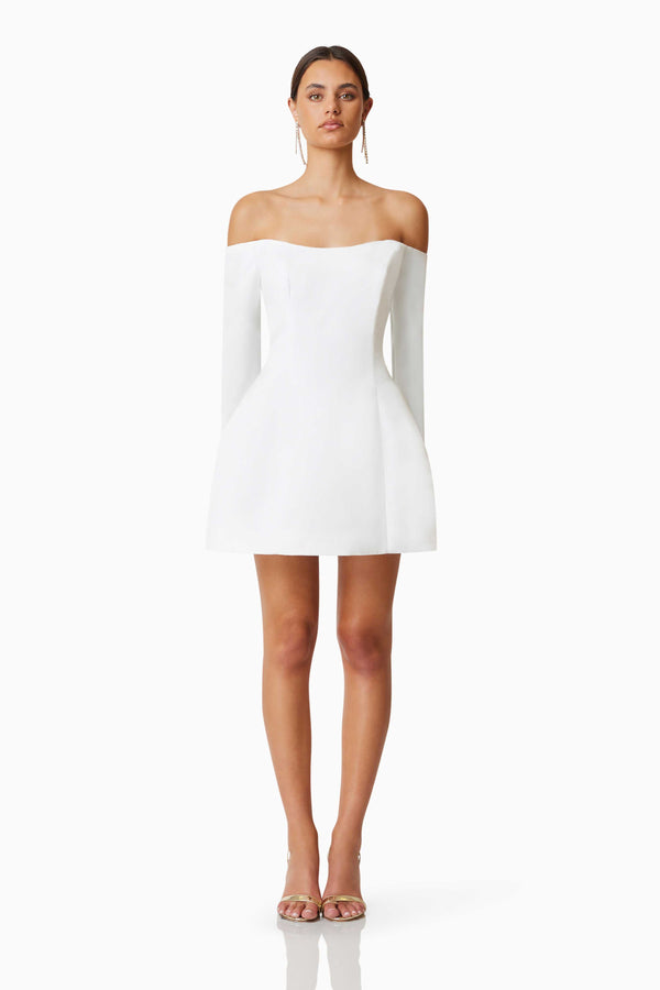 model wearing Vida Off The Shoulder Day Mini Dress In White front shot