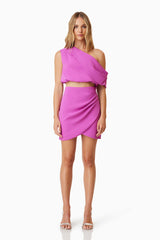 Blonde model is wearing Kenna Two Piece Set In Purple front shot