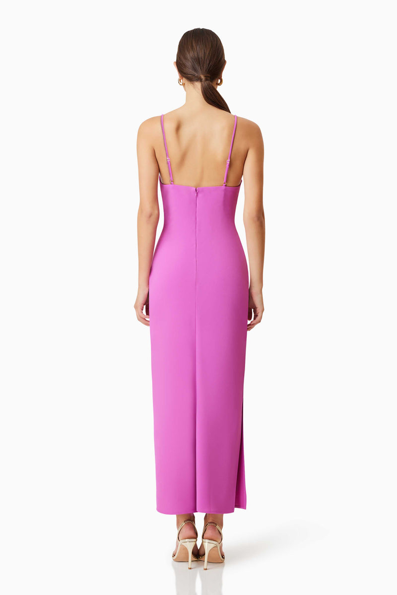 Brunette Model wearing Kenna Cowl Neck Midi Dress In Purple Back Shot