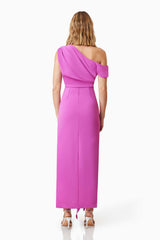 Blonde Model Wearing Kenna Cocktail Dress in Purple Back Shot