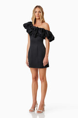 Model wearing Amelie Mini Party Dress in Black Side Shot