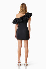 Model wearing Amelie Mini Party Dress in Black Back Shot