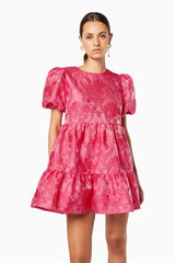 model wearing Wylla mini ruffled pink dress close up shot