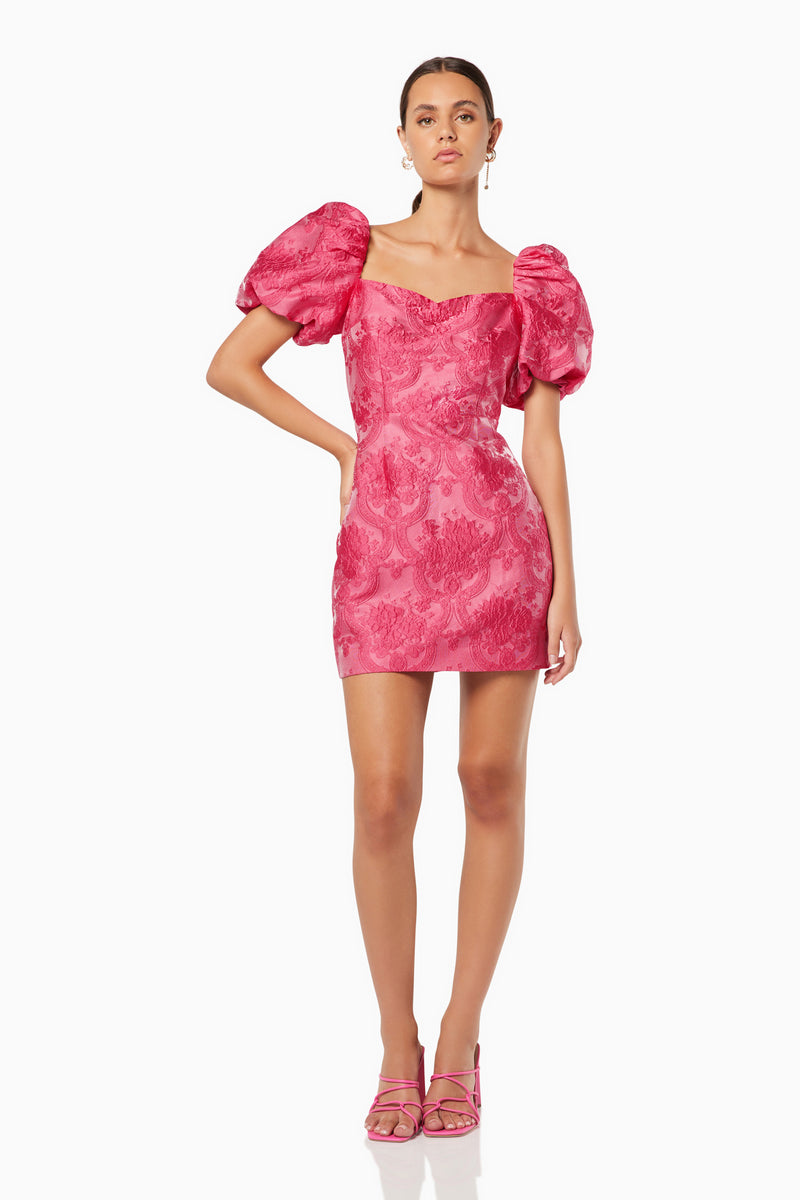 model wearing Winter mini dress in pink front shot