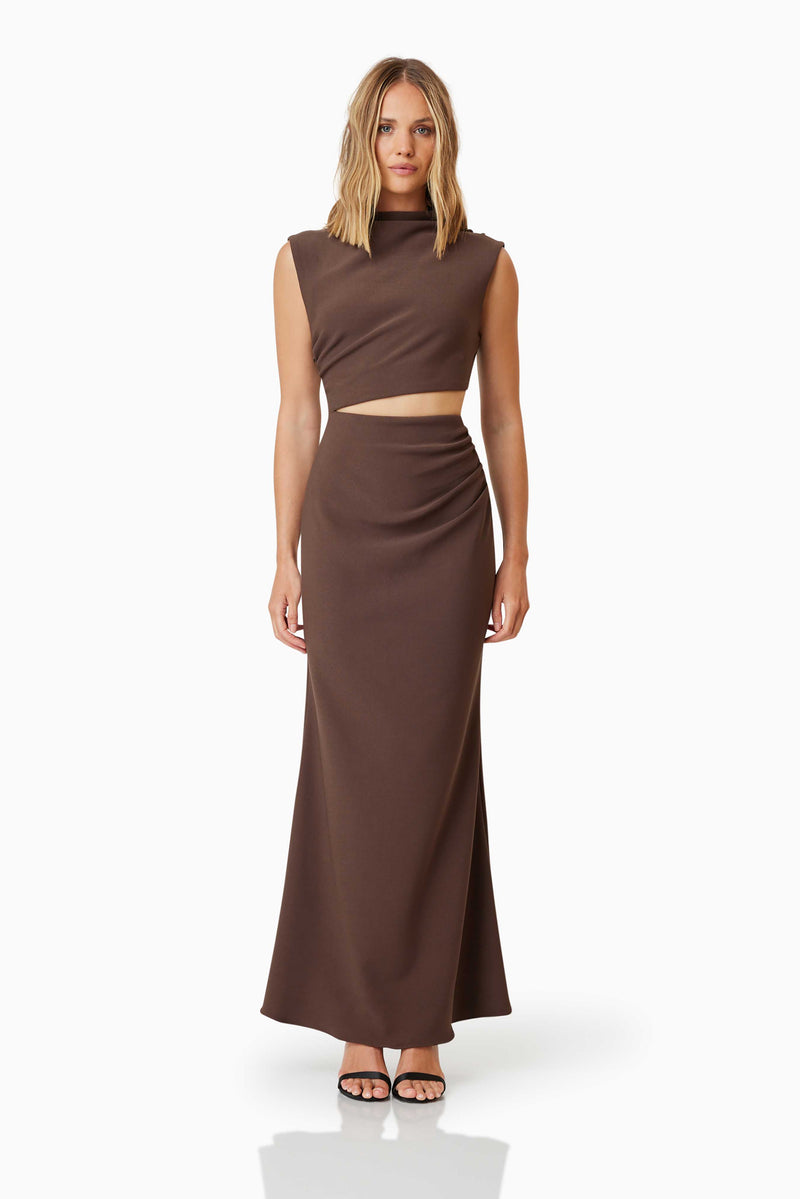 model wearing Nola Maxi Gown In Brown front shot