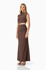 model wearing Nola Maxi Gown In Brown side shot