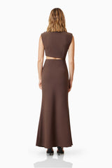 model wearing Nola Maxi Gown In Brown back shot