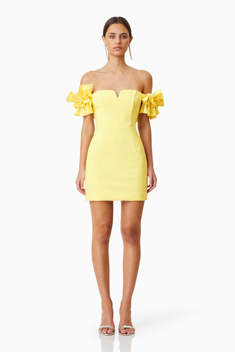 model wearing Nola Off The Shoulder Mini Dress In Yellow front shot