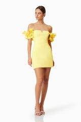 model wearing Nola Off The Shoulder Mini Dress In Yellow front shot