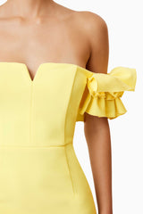 model wearing Nola Off The Shoulder Mini Dress In Yellow close up shot