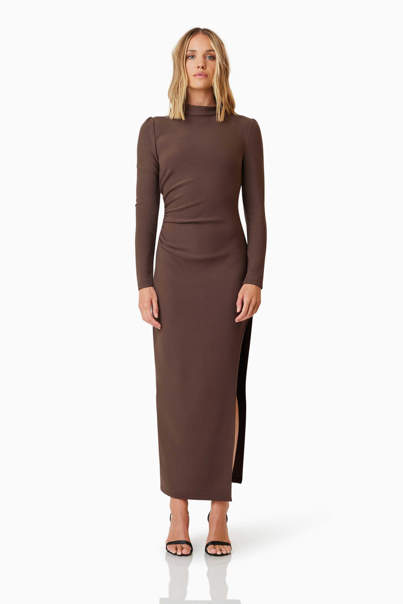 model wearing Nola Long Sleeve Maxi Dress In Brown front shot