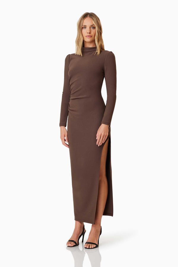 model wearing Nola Long Sleeve Maxi Dress In Brown front shot