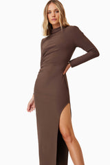 model wearing Nola Long Sleeve Maxi Dress In Brown close up shot