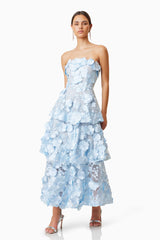 Brunette model wears Selene Maxi 3D floral Dress In Blue in heels front shot 