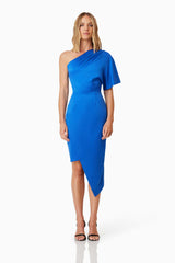 Chiara Assymetrical Satin Midi Dress in Blue