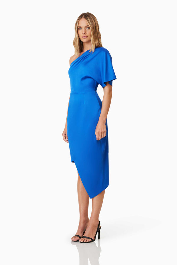 Chiara Assymetrical Satin Midi Dress in Blue