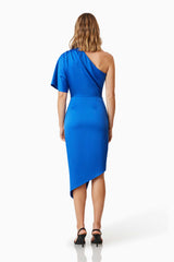 Chiara Assymetrical Satin Midi Dress in Blue