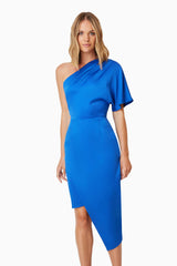 Chiara Assymetrical Satin Midi Dress in Blue