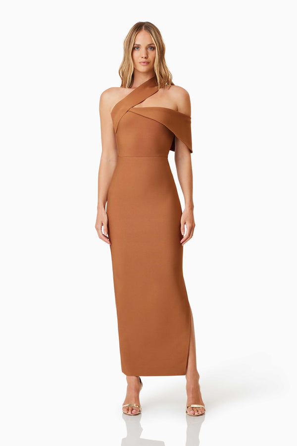 model wearing Riley Fitted Maxi Dress In Brown front shot