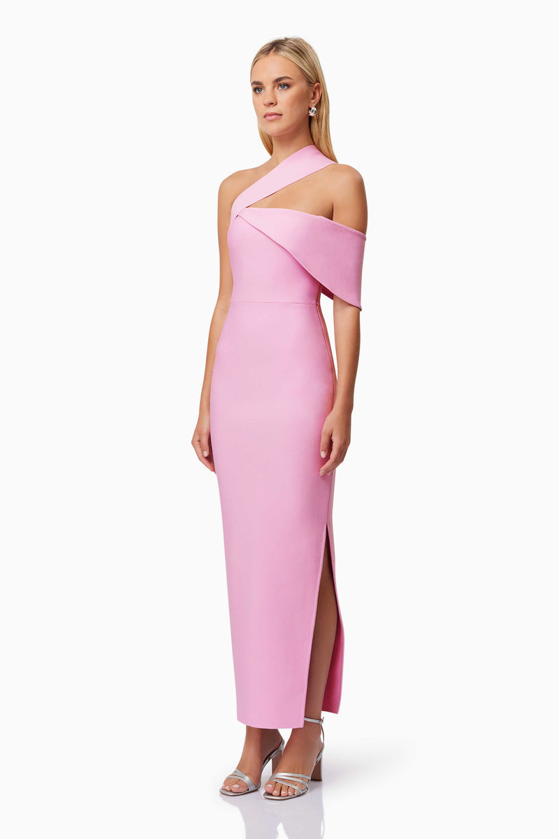 Riley One Shoulder Fitted Maxi Dress in Pink