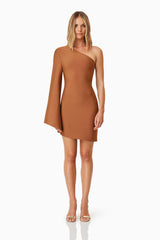 model wearing Riley Party Mini Dress In Brown front shot