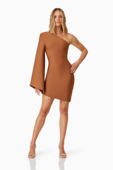 model wearing Riley Party Mini Dress In Brown front shot